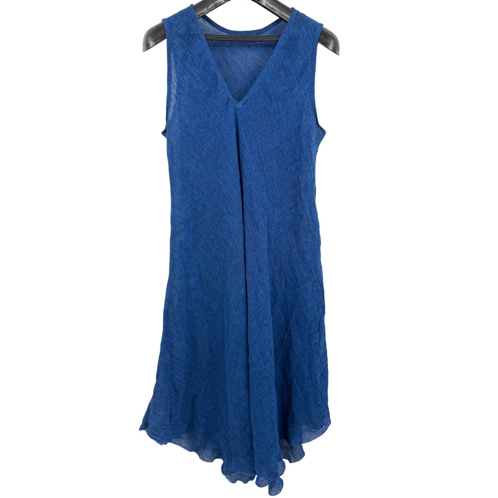 Mastro Moda Italy Blue 100% Linen Sleeveless V-Neck Midi Dress Women's Large